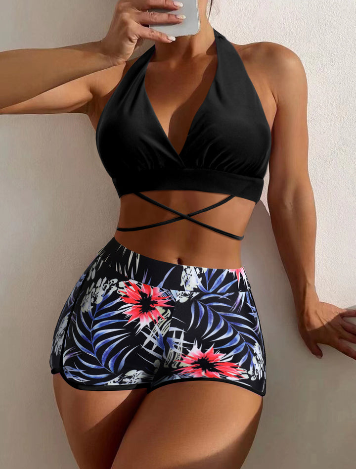 Femme Halterneck Bikini-Overskud og floral Print Højtaljede Shorts Sæt Stilla