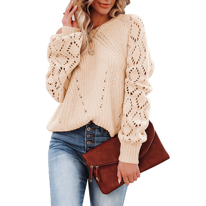 Kvinders strikket sweater med trendy blonde mønster og voluminøse ærmer Stilla