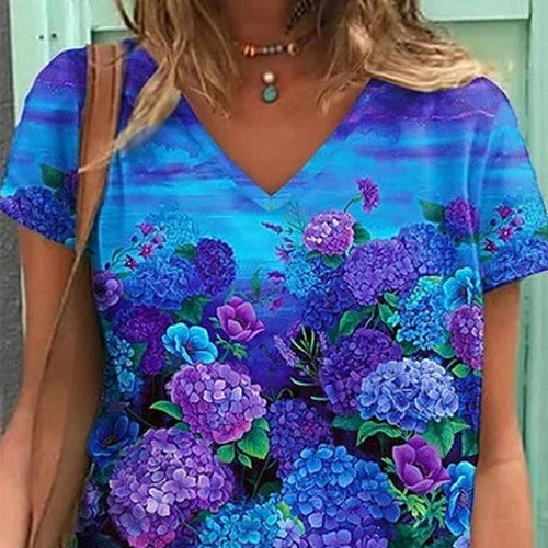 Dame Vibrerende Blomsterdesign V-Udskæring Top Stilla