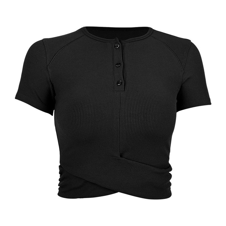 Dame moderigtigt kortærmet Henley-top med elastisk ribdesign Stilla