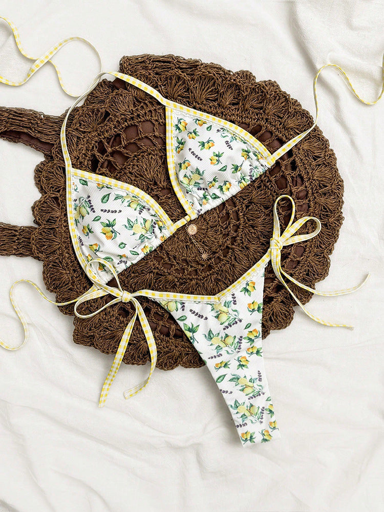 Dame Triangel-Bikini med blomsterdesign og bindedetaljer Skovae