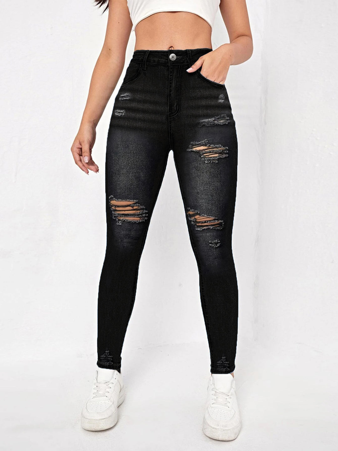 Dame Skinny Jeans i mode ødelagt look med høj talje og behagelig stretch Stilla