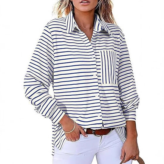 Damer Casual Stribet Bluse med Lomme og Knapstolpe Stilla