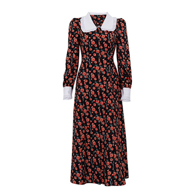 Dame Midi-kjole med blomsterprint og klassisk krave Stilla