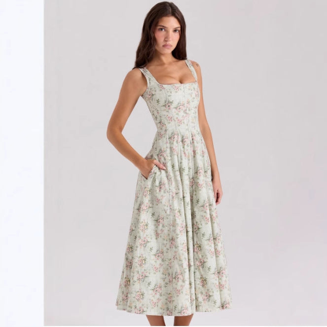 Kvinders blomster maxi kjole med slanke stropper og sidelommer
