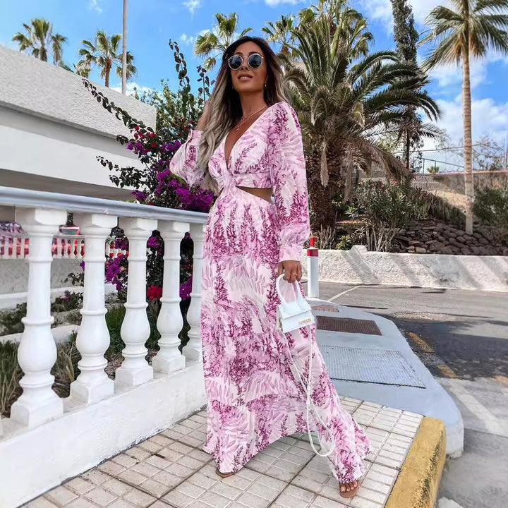 Dame Maxi-kjole med florale cut-out-detaljer og voluminøse ærmer Stiila