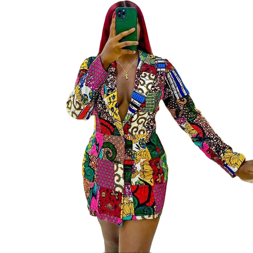 Dame Lang Blazer med farverig Patchwork-design og dekorativ krave Stilla