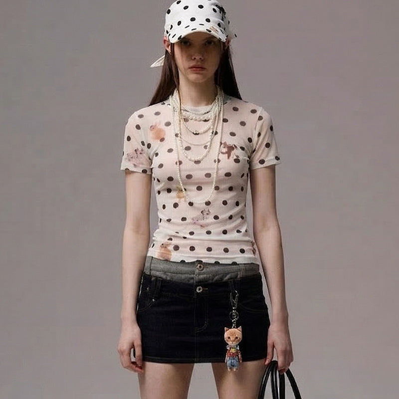 Damen Figurbetontes Polka-Dot T-Shirt mit verspieltem Tierdesign Skovae