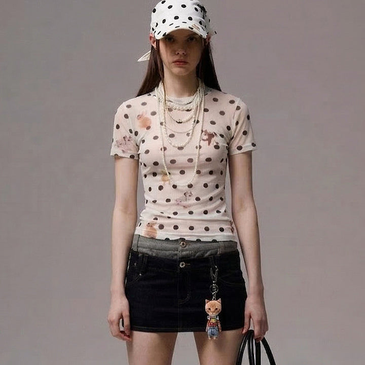 Damen Figurbetontes Polka-Dot T-Shirt mit verspieltem Tierdesign Skovae
