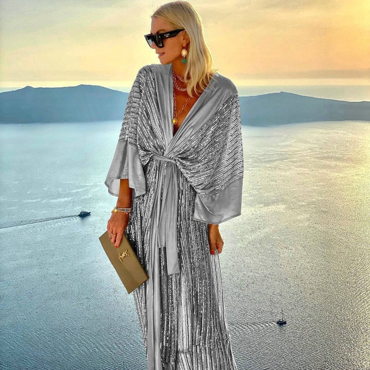 Damer Glitrende Maxi Kjole med Elegant Omviklingsdesign og Flydende Ærmer