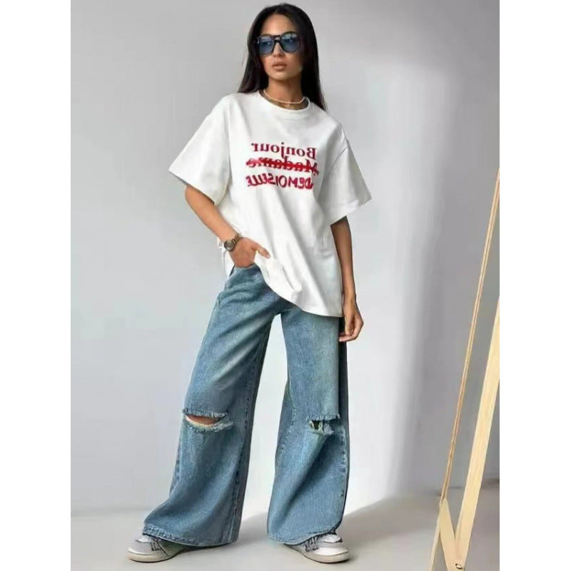 Dame Casual Oversized T-shirt med kreativt statementsprint Stilla