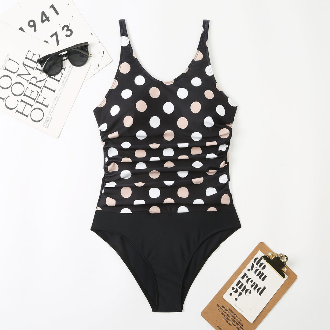 Dame ént-piece badedragt med figursmigrende flæse-design og polka-dots mønster Stilla