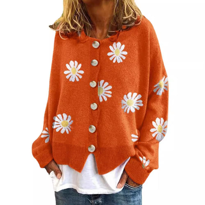 Dame stribet strikjakke med blomstermønster Stilla