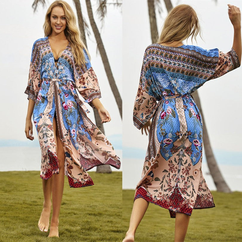 Dame Lang Strandkimono med blomsterdesign og elegant bælte Stilla
