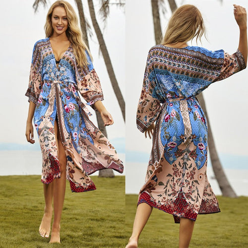 Dame Lang Strandkimono med blomsterdesign og elegant bælte Stilla