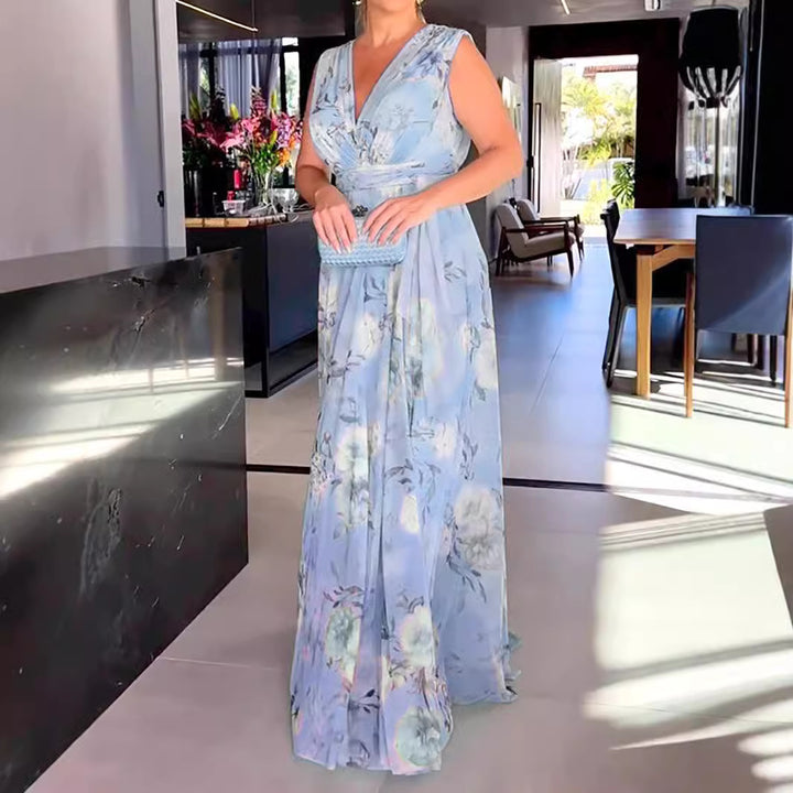 Dame Maxikjole i let chiffon med blomster mønstre og stilfuld V-udskæring Stilla