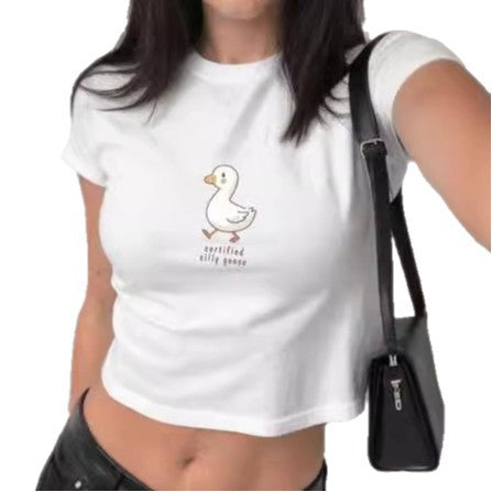 Dame figursyet kortærmet T-shirt med legesygt tryk Skovae