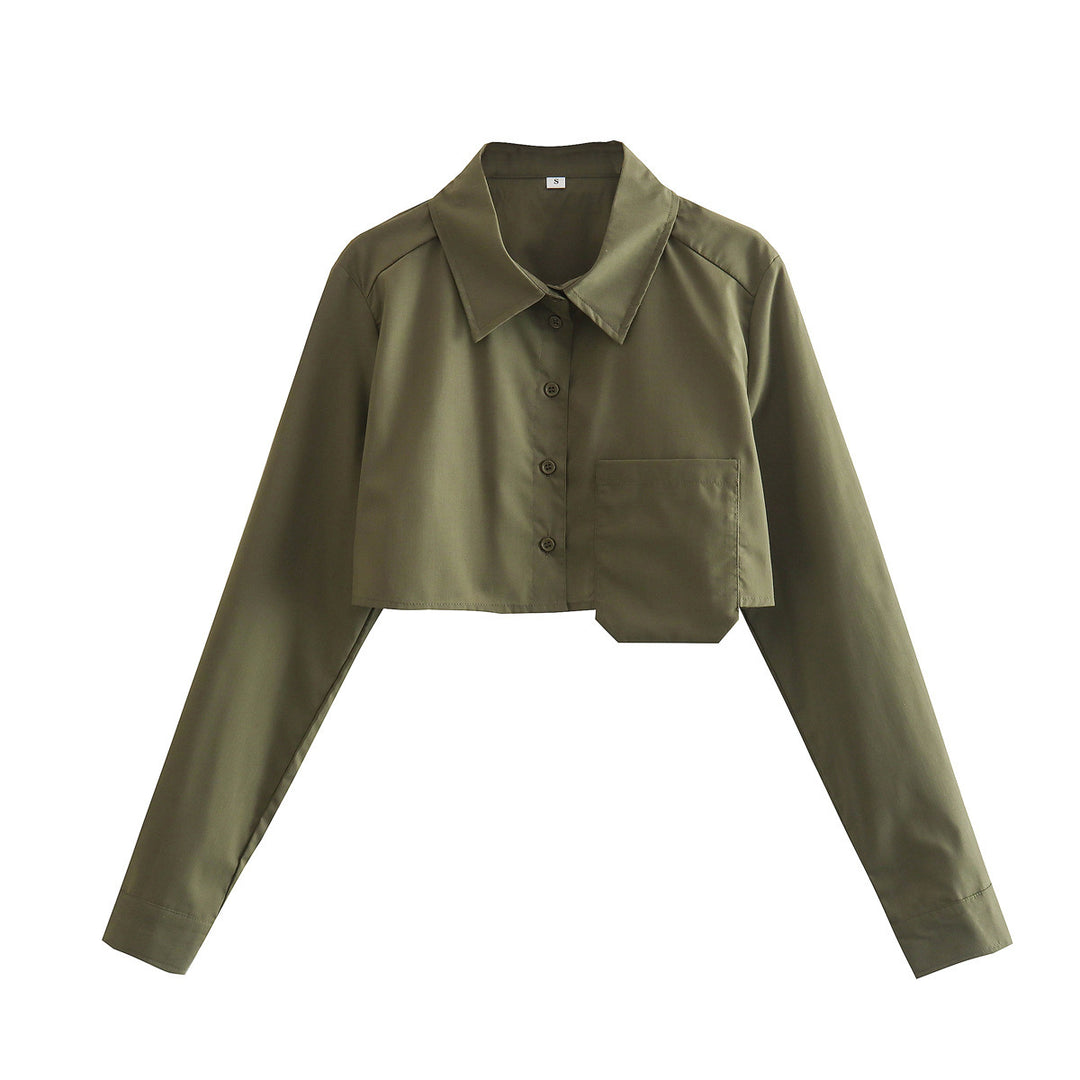 Dame Cropped Button-Up Skjorte med unikt Lomme-Detail Stilla