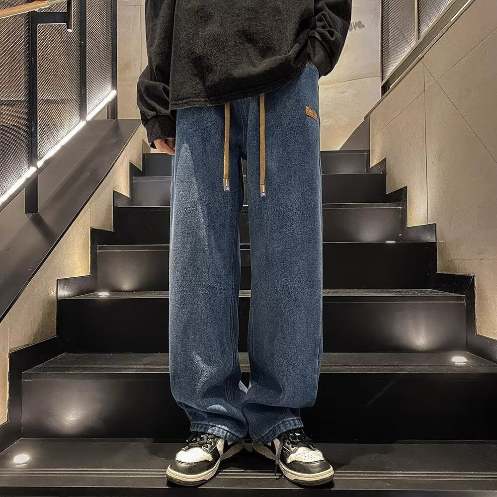 Herrer Løs Denim-Bukser med justerbar Snøre og afslappet Snit Stilla