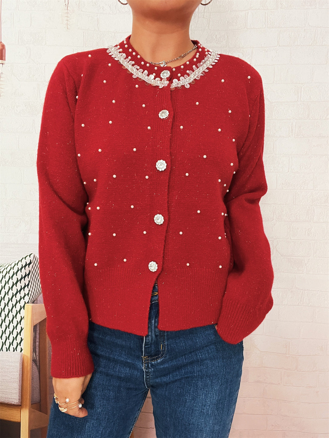 Kvinders cardigan med perle trim Stilla