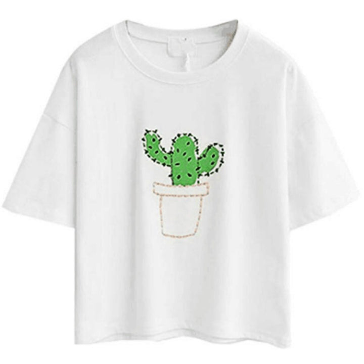 Kvinders afslappede T-shirt med sødt kat- og plante-design Skovae