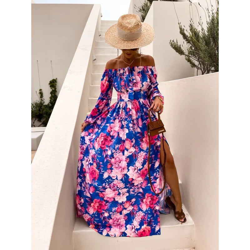 Dame Off-Shoulder Blomster Maxi Kjole med elegante Flæsedetaljer Stilla