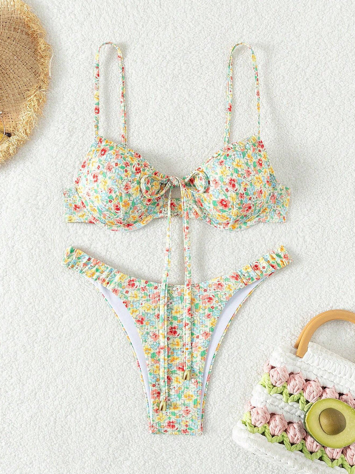 Dame Floral Bikini med højkvalitets rynker og justerbare stropper Skovae