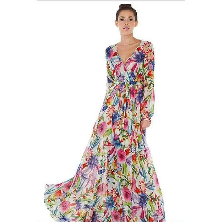 Dame Maxikjole med blomster Chiffon-design og elegante lange ærmer Stilla