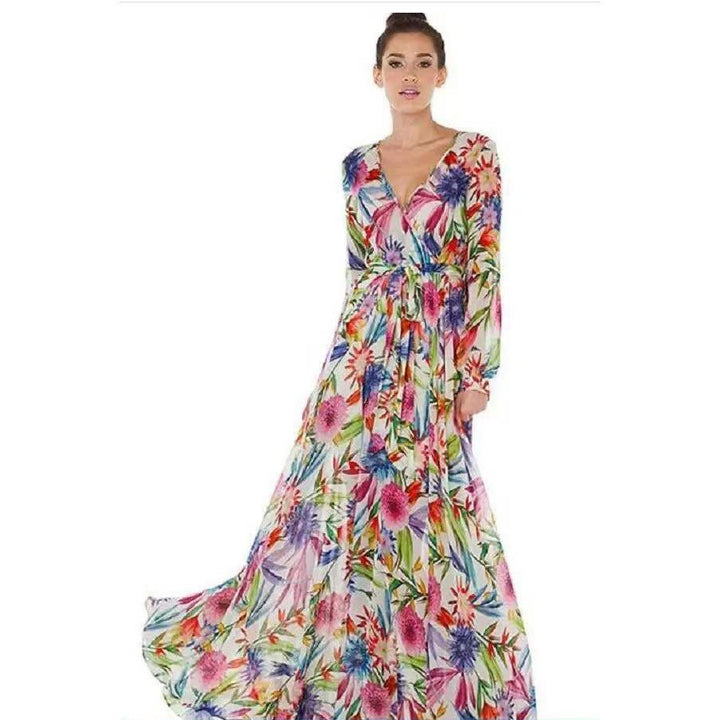 Dame Maxikjole med blomster Chiffon-design og elegante lange ærmer Stilla