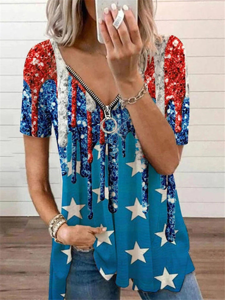 Dame T-shirt med dekorativ lynlås og glitrende Stars-and-Stripes-design Stilla