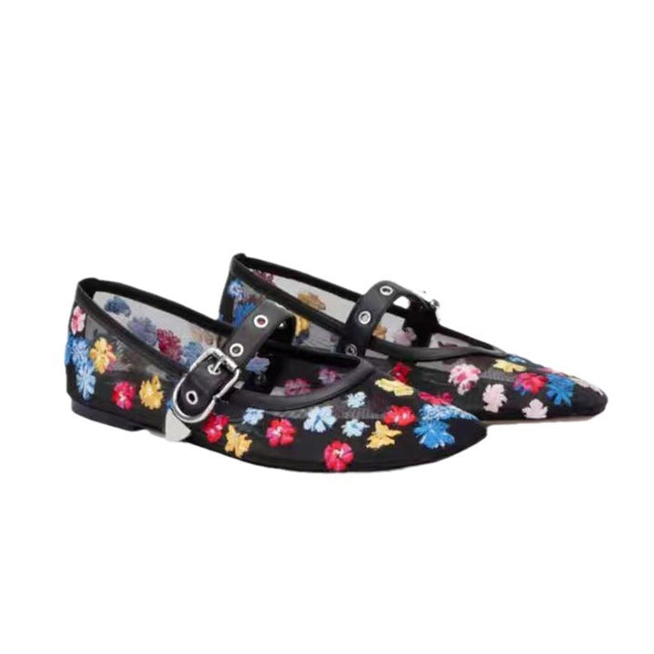 Dame floral dekorerede ballerinaer med justerbar rem Stilla