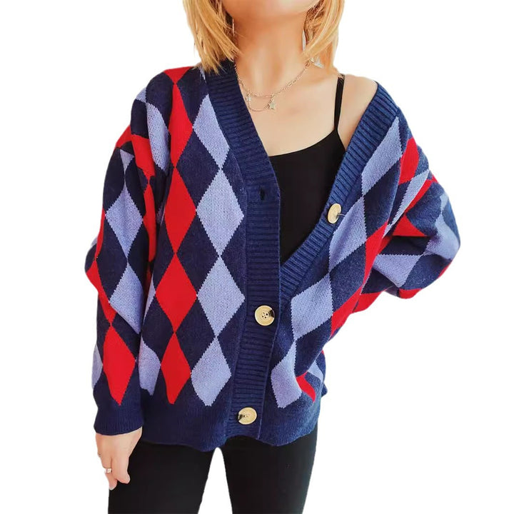 Dames mønstrede cardigan i moderne diamantdesign med store knapper Stilla