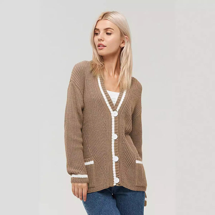 Dame struktureret strik cardigan med kontrastkant Stilla