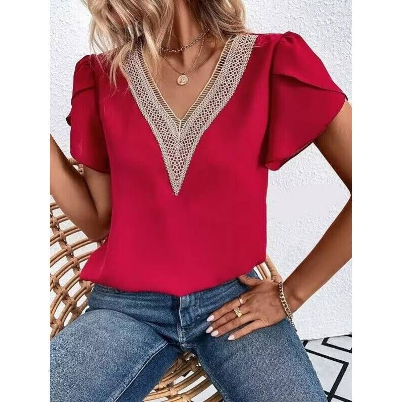 Damer Elegant Bluse med Spidsdekoration og vid V-udskæring Stilla