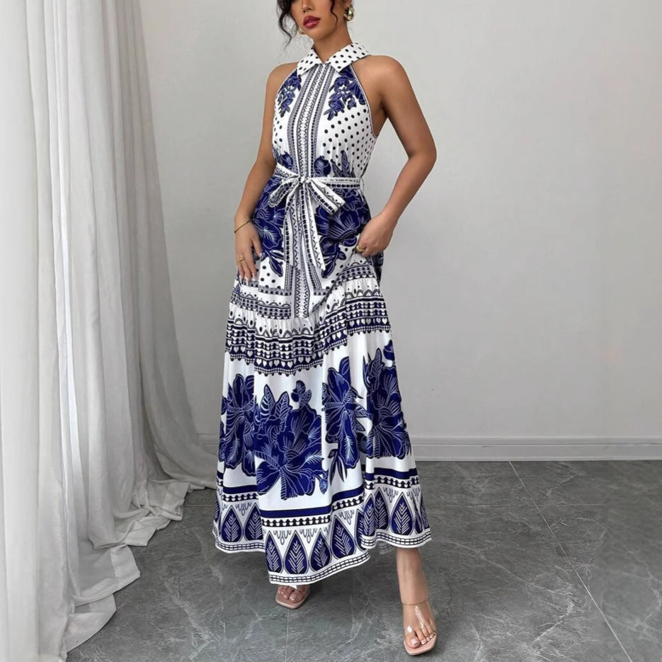 Dame Floral Halter Maxikjole med tilpasset talje Stilla