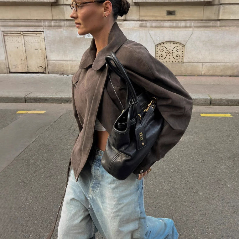 Dame Mode Suede Jakke med Talje Bælte Stilla
