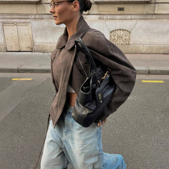Dame Mode Suede Jakke med Talje Bælte Stilla