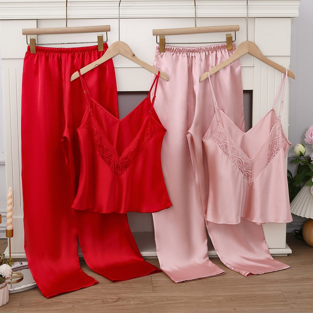 Dame Satin Pyjamasæt med Spids Detaljer Stilla