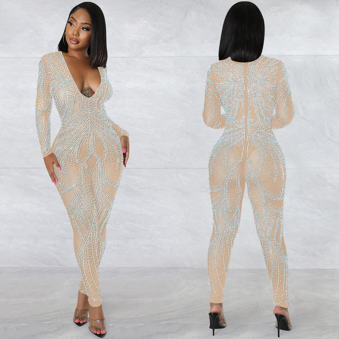 Dame elegant jumpsuit med strassdekorationer og dyb udskæring Stilla