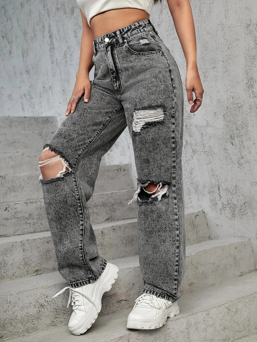 Dame brede Destroyed Jeans med afslappet pasform og stilfulde revnedetaljer Stilla