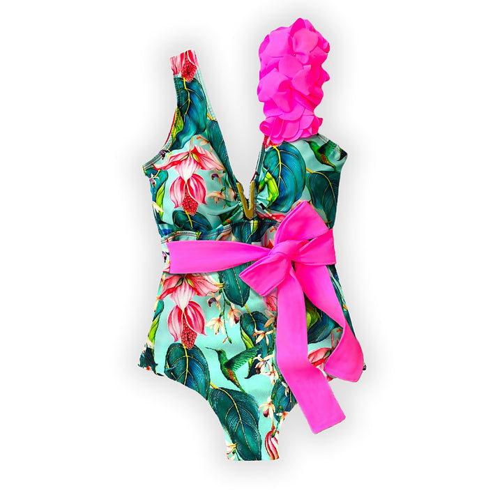 Dame Én-delt Badedragt med blomster Ruffle-design og moderigtigt bælte Stilla