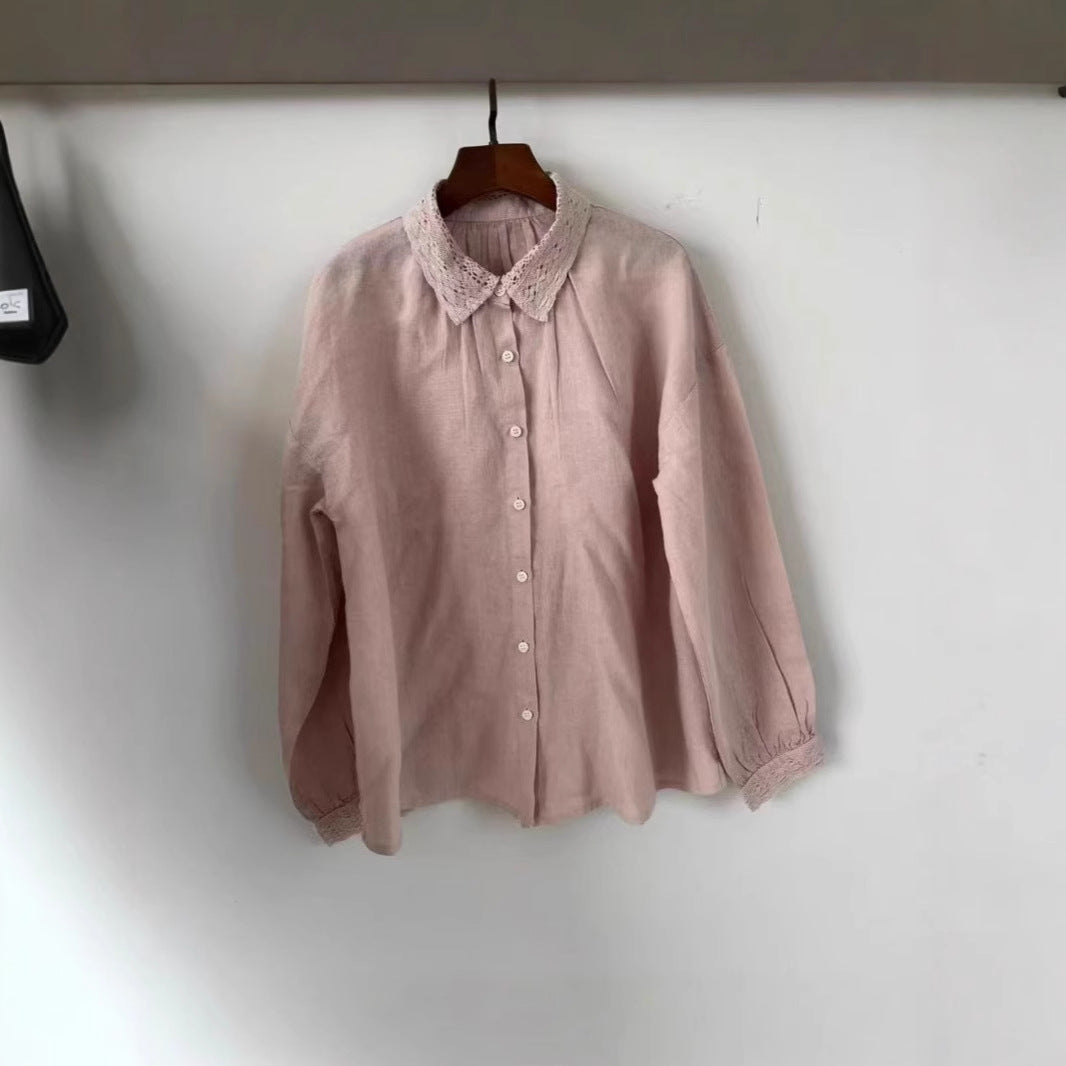 Femme Elegante Linned Button-Up Bluse med Broderet Krave Stilla