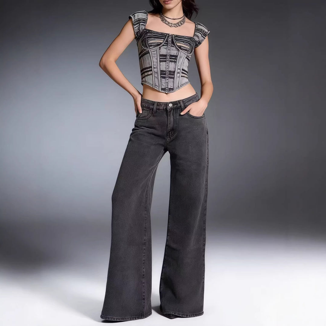 Dame bredde Denim-bukser med vintage-vask og høj talje Skovae