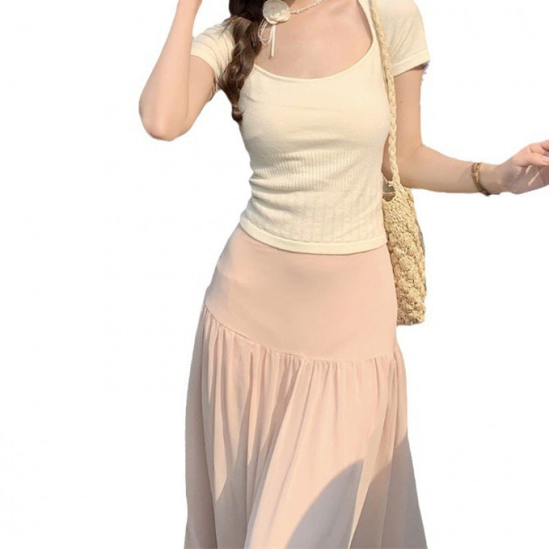 Femme Ribbet Kort Ærme Crop Top Stilla