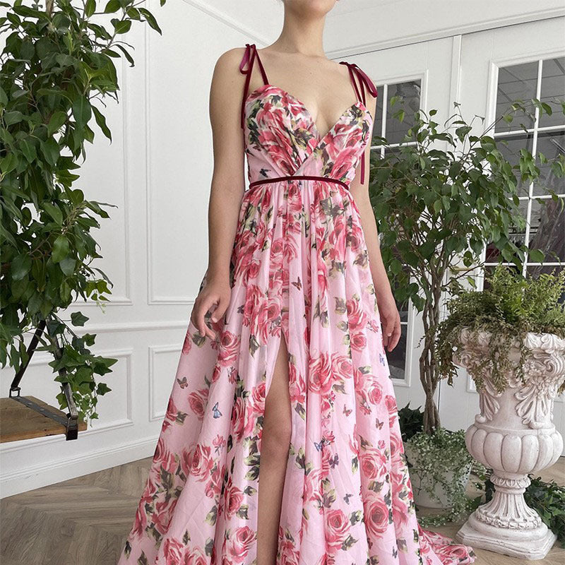 Damer Elegant Maxikjole med blomstertryk og dyb slids Stilla