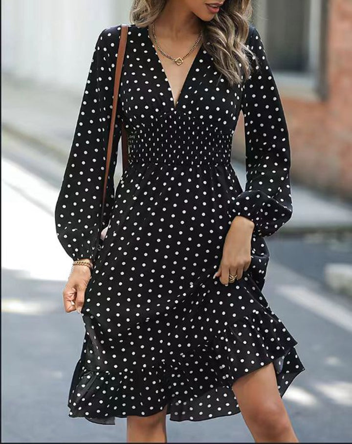 Dame Polkadot Maxikjole med elastisk talje og flæsekant Stilla