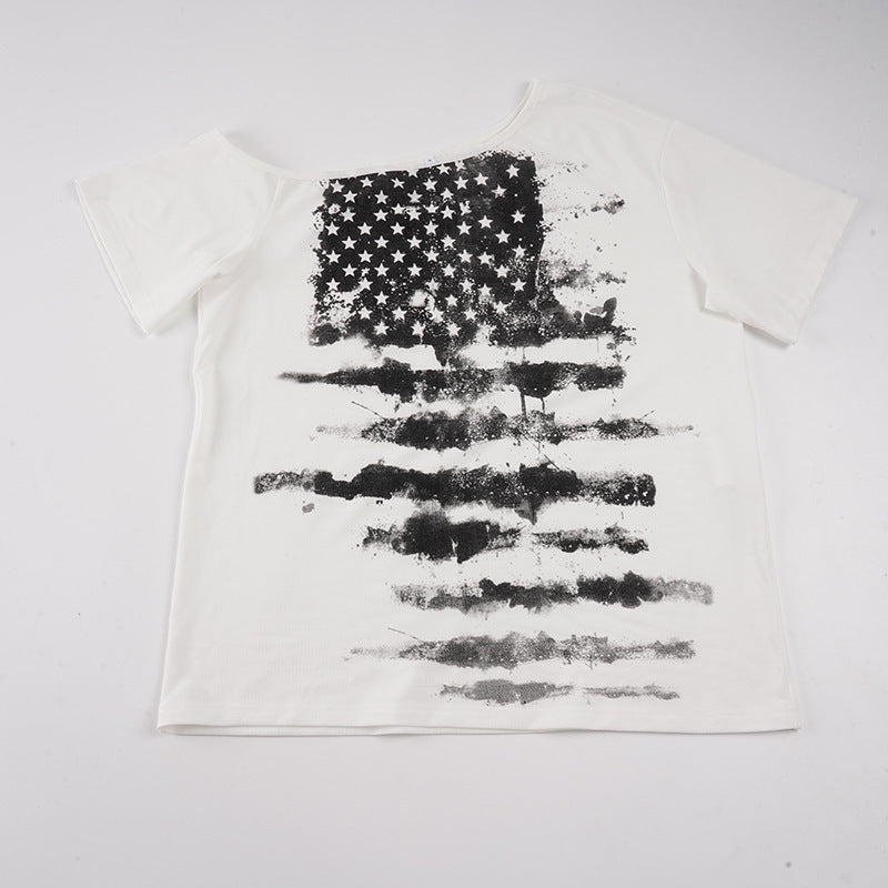 Dame afslappet T-shirt med kreativt stjerne-flag design Skovae