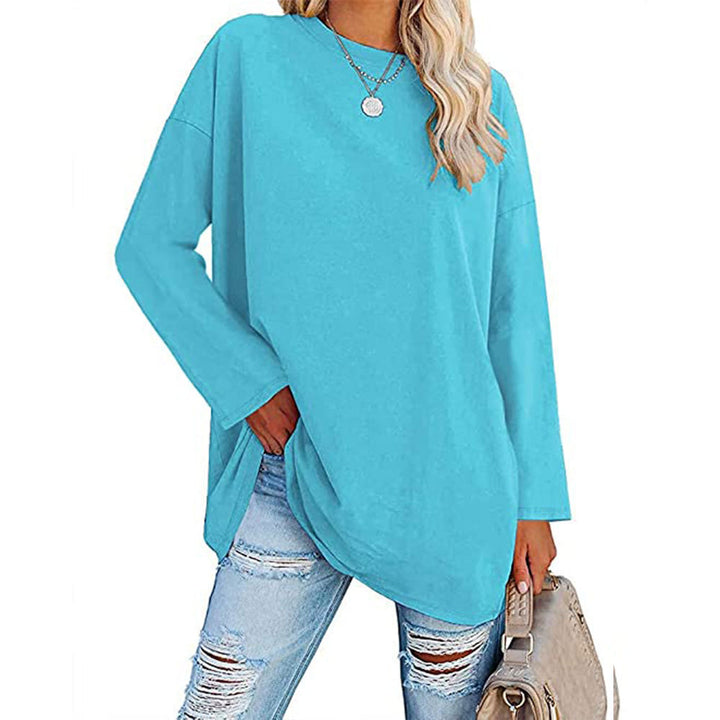 Dame afslappet oversized langærmet t-shirt med dyb rund halsudskæring og sidelange slidser Stilla