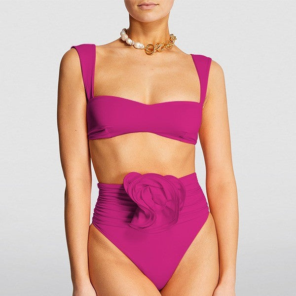 Femme Højskåret Floral Bikini Sæt med Foldet Blomster Detalje Stilla