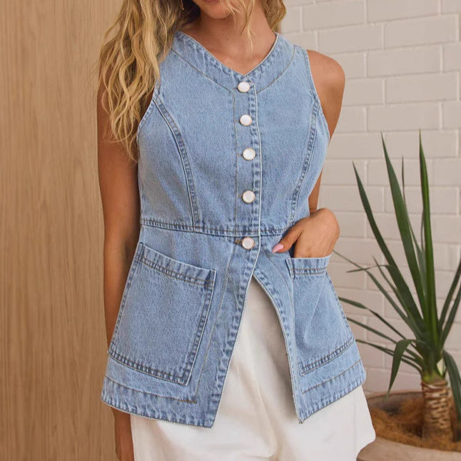 Dame ærmeløs Denim-overdel med figursyet silhuet og praktiske lommer Stilla
